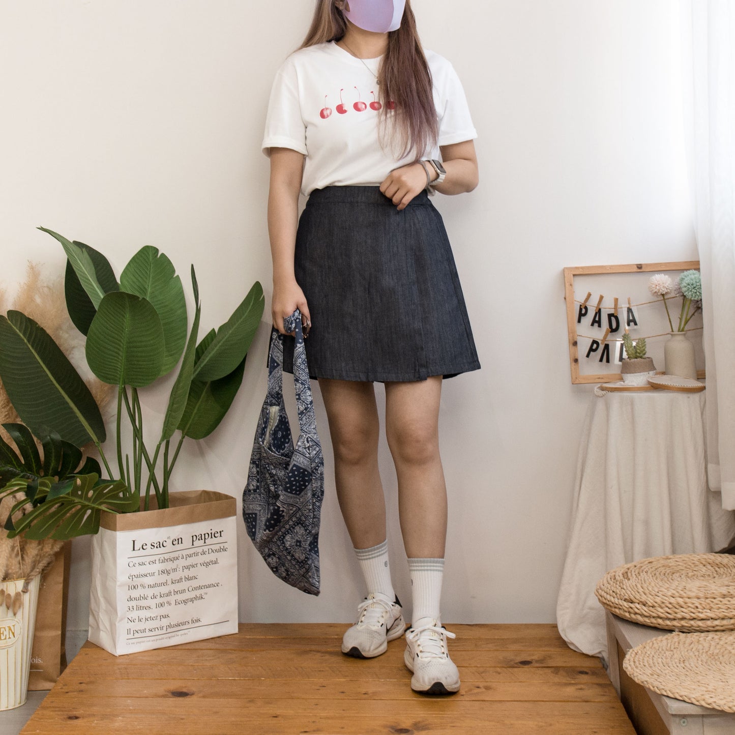 純色搭幅牛仔裙褲