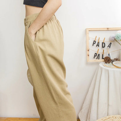 Solid Color Single Button Carrot Cotton Pants (Three Colors)