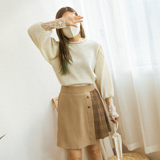 Lace collar patch sleeve top (two colors) [KR]