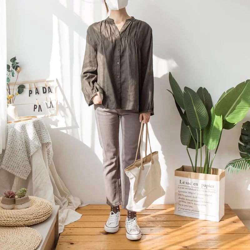 Small V-neck loose linen shirt (two colors)