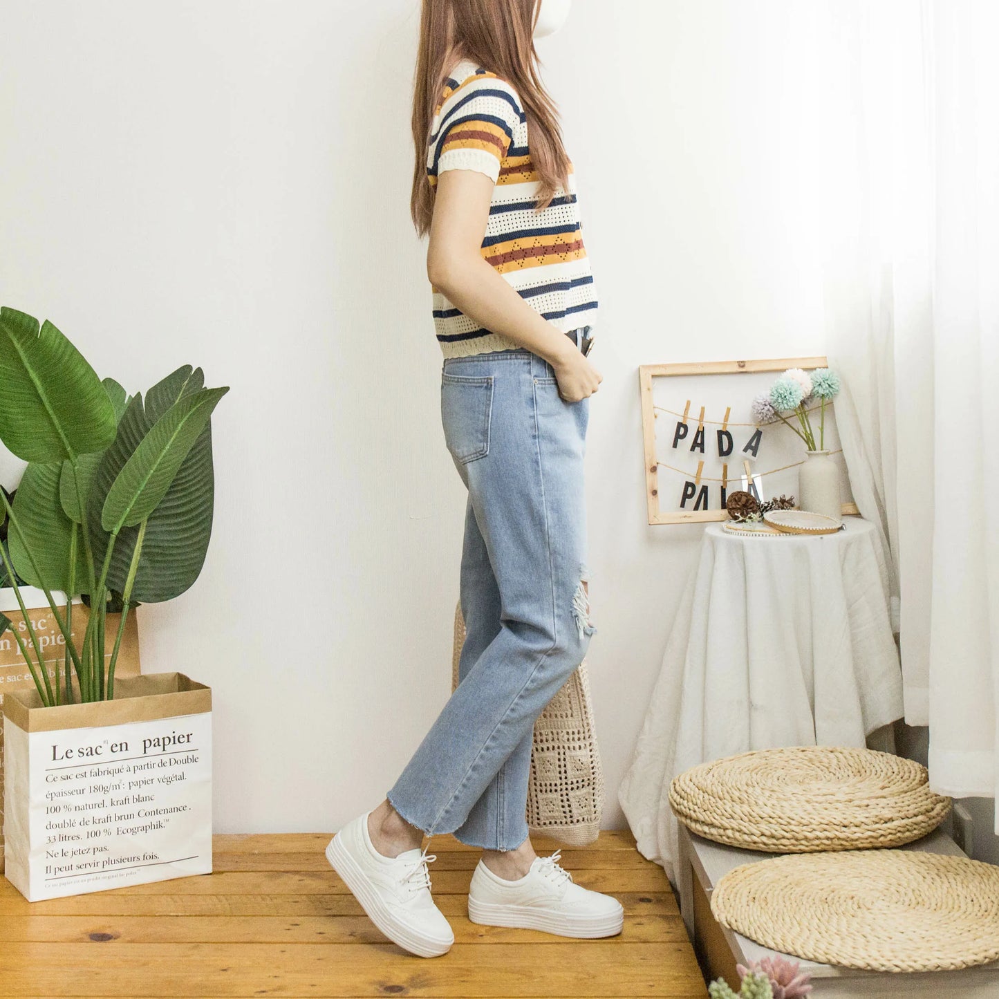 Irregular side ripped denim trousers [KR]