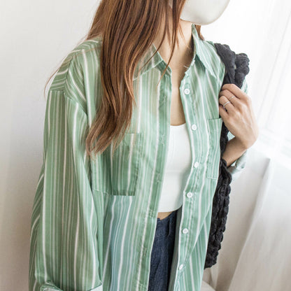 Loose reverse collar contrast striped shirt (three colors)