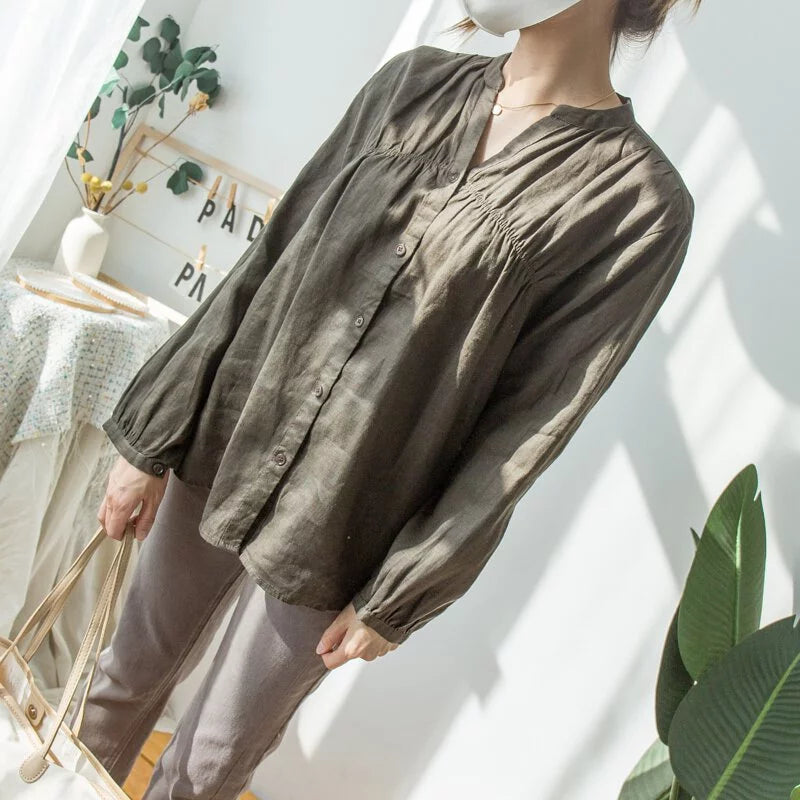 Small V-neck loose linen shirt (two colors)