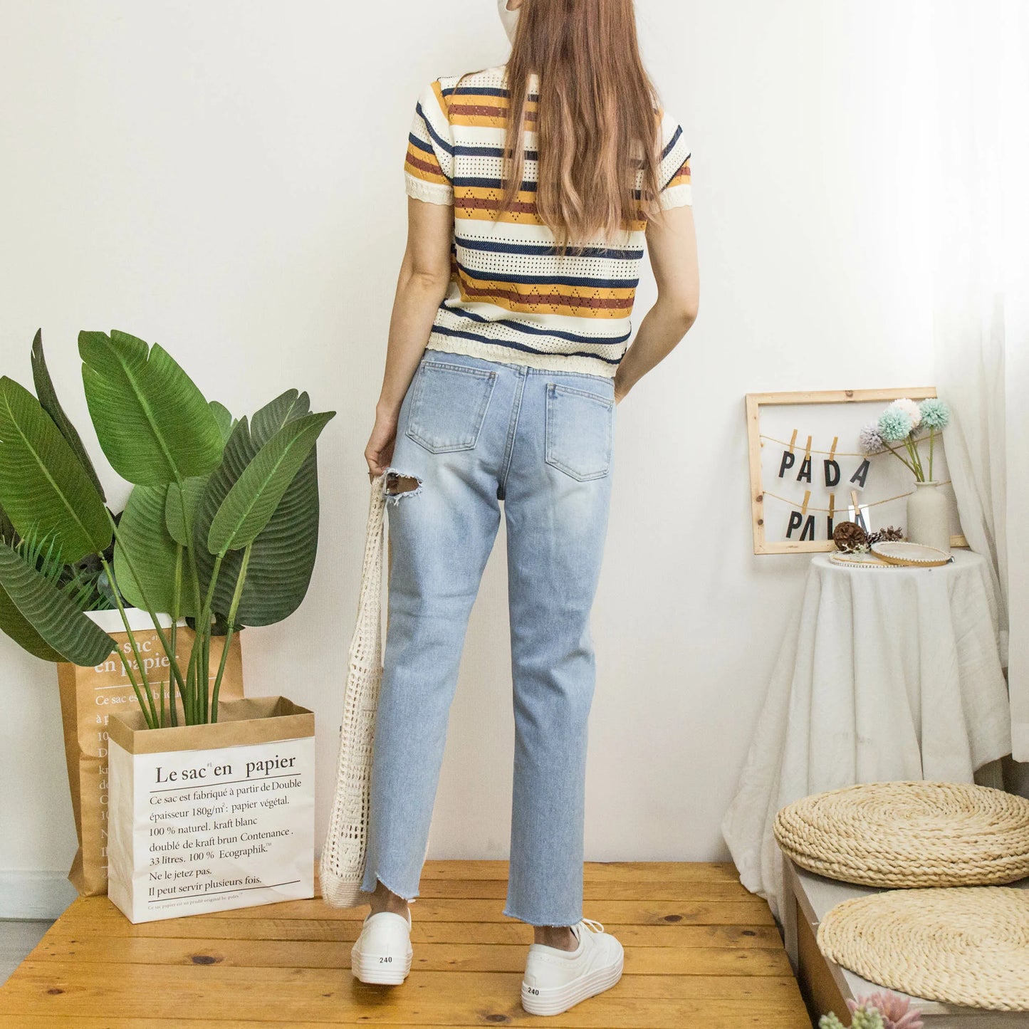 Irregular side ripped denim trousers [KR]