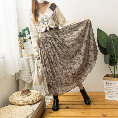 Elastic waist floral pleated loose skirt