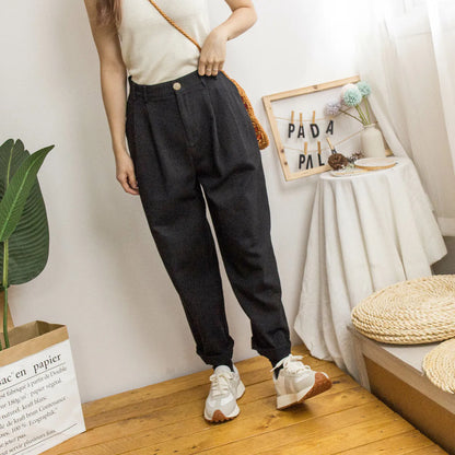 Solid Color Single Button Carrot Cotton Pants (Three Colors)