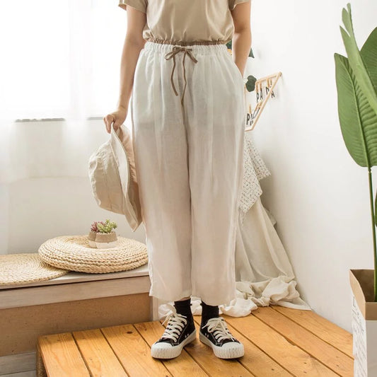 Elastic waist color block cotton and linen harem pants