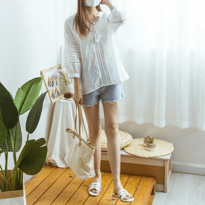 Loose drawstring collar hollow puff sleeves top