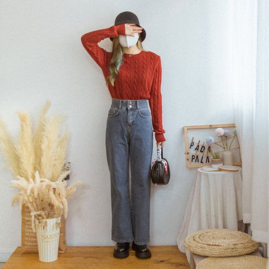 High-waisted double-button flared denim trousers [KR]