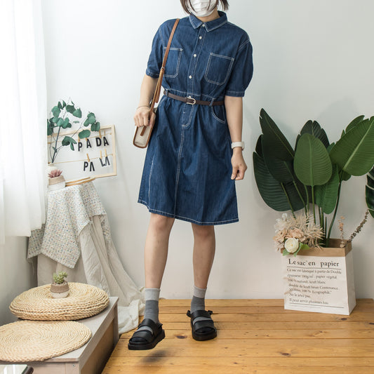 Reverse collar buttoned belt denim dress 