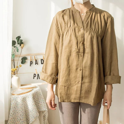 Small V-neck loose linen shirt (two colors)