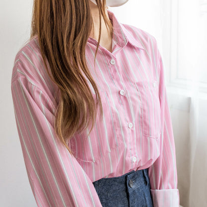 Loose reverse collar contrast striped shirt (three colors)