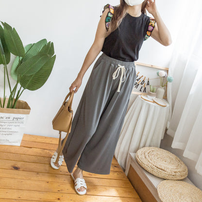 Elastic waist drawstring nine-point ribbed pants (three colors)