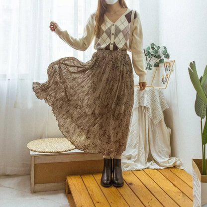 Elastic waist floral pleated loose skirt