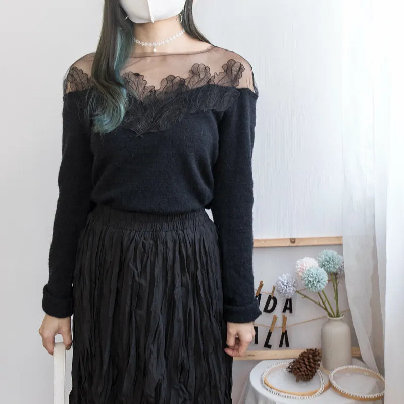 Lace half gauze seahorse fur top