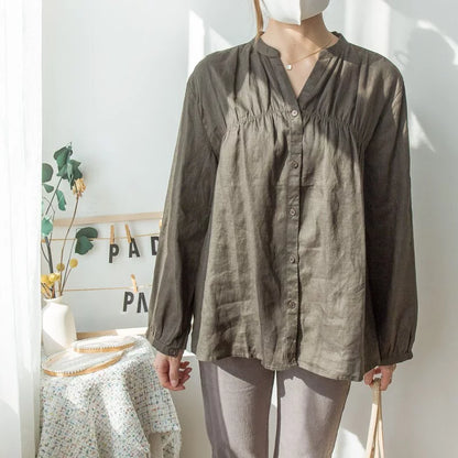 Small V-neck loose linen shirt (two colors)