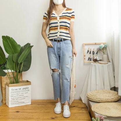 Irregular side ripped denim trousers [KR]