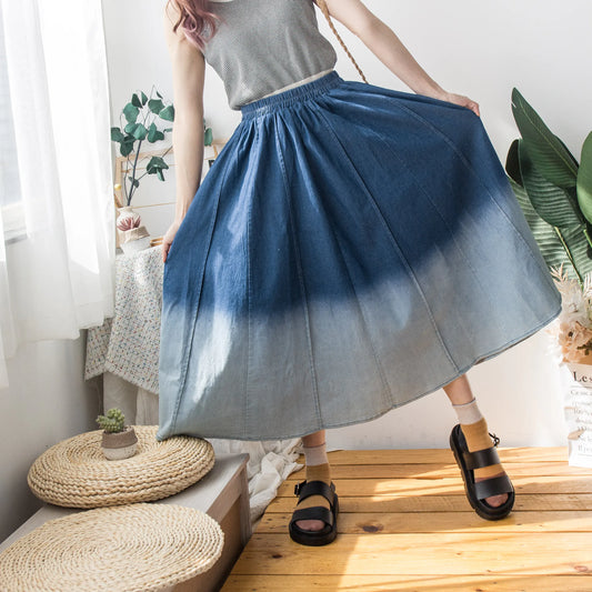 Elastic waist gradient boned denim loose skirt