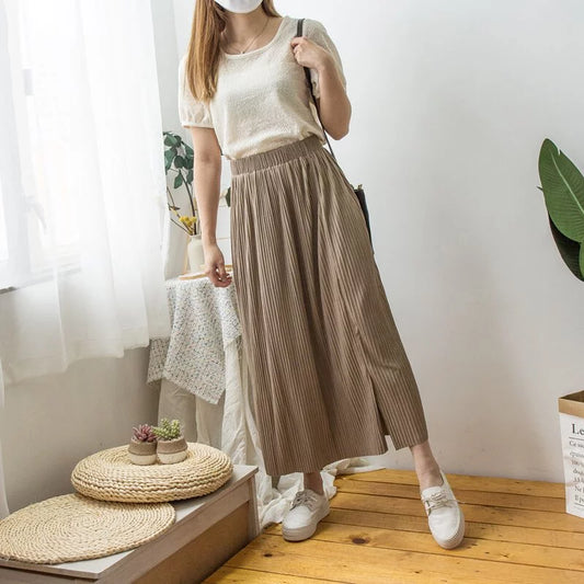 Elastic waist straight pattern pressed pleated skirt (two colors)