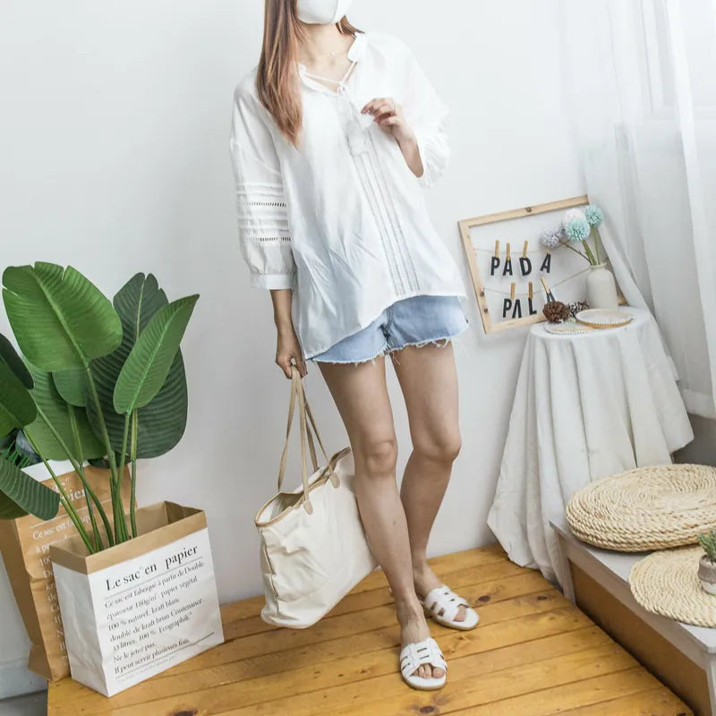 Loose drawstring collar hollow puff sleeves top