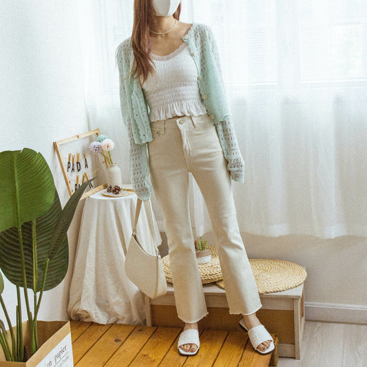 Small flared raw edge cotton trousers [KR] 