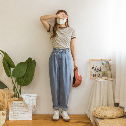 Drawstring denim harem trousers [KR]