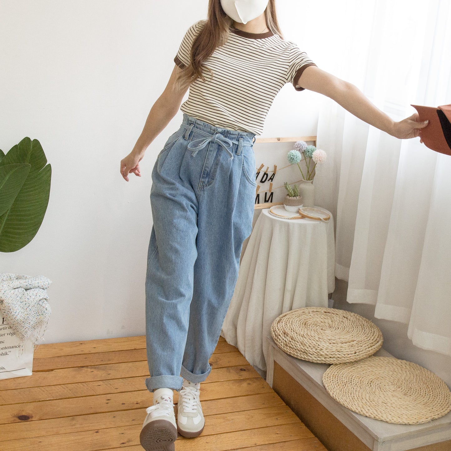 Drawstring denim harem trousers [KR]