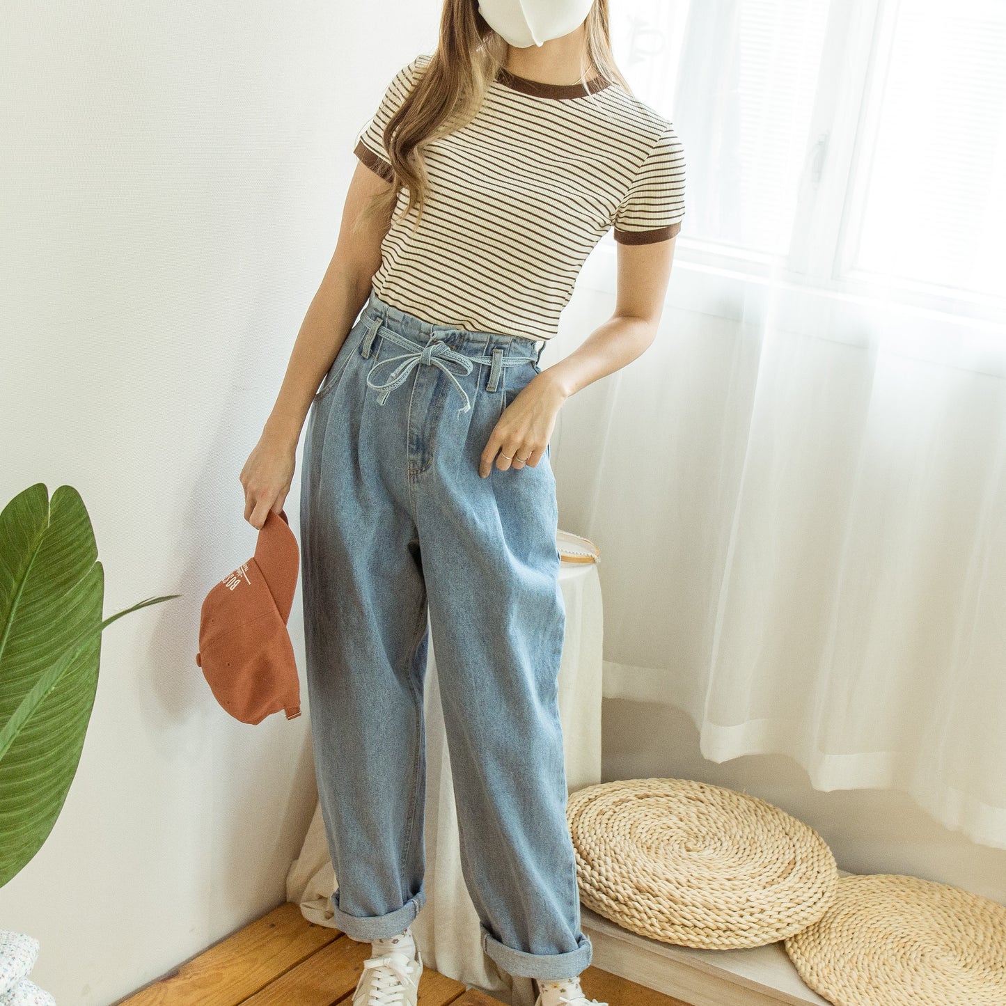 Drawstring denim harem trousers [KR]