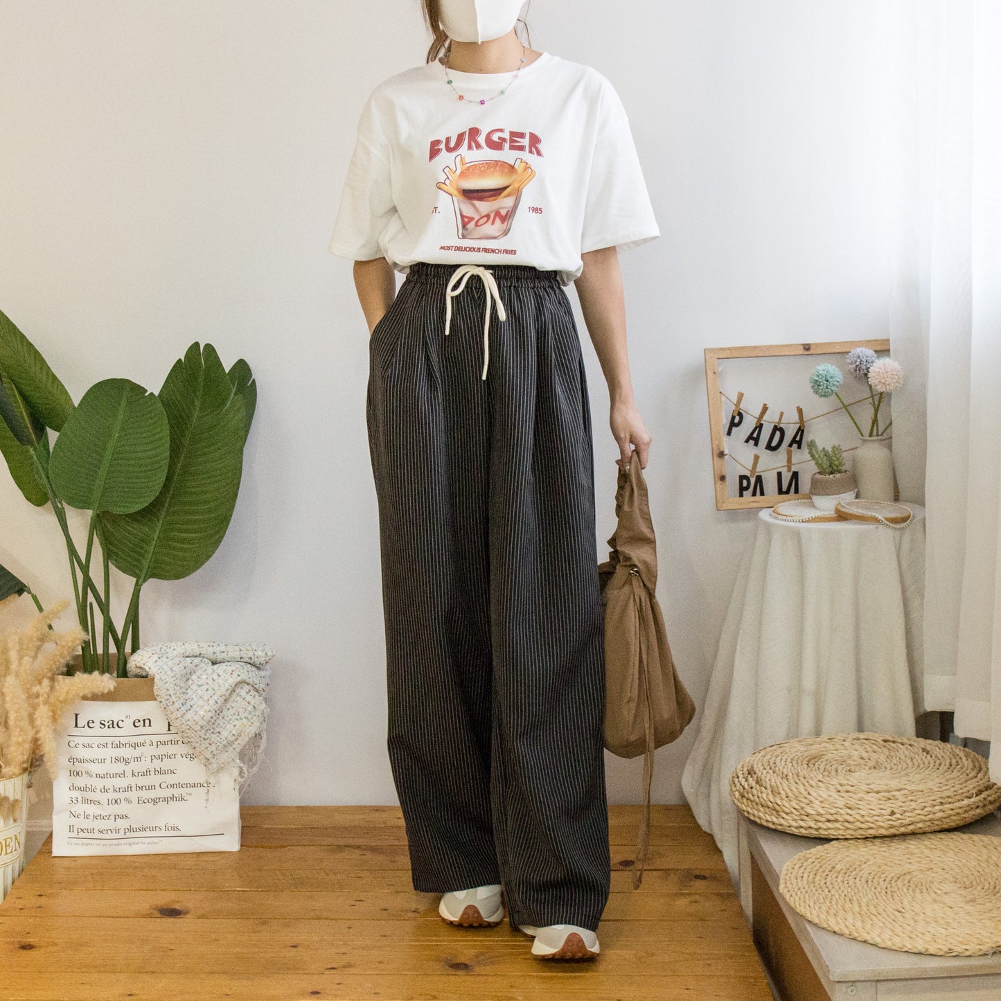 Elastic waist contrast striped trousers