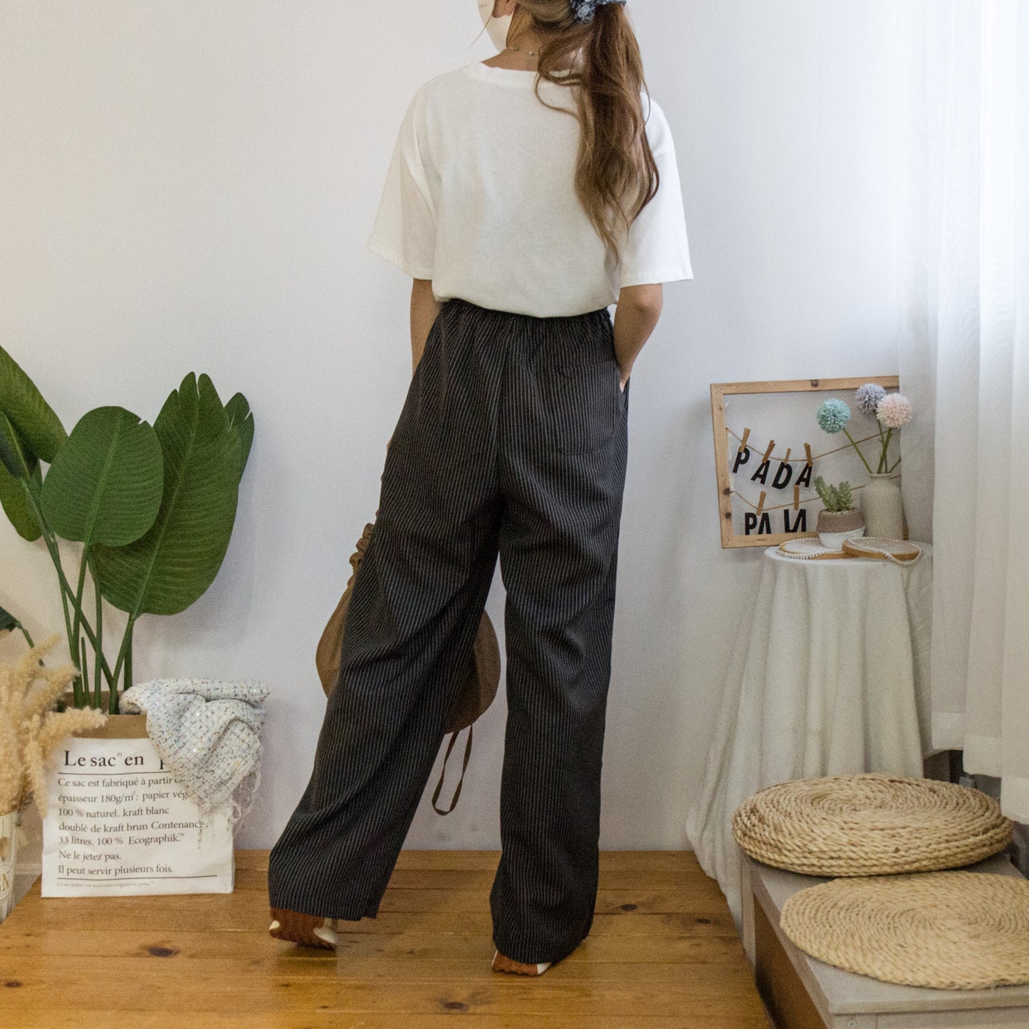 Elastic waist contrast striped trousers