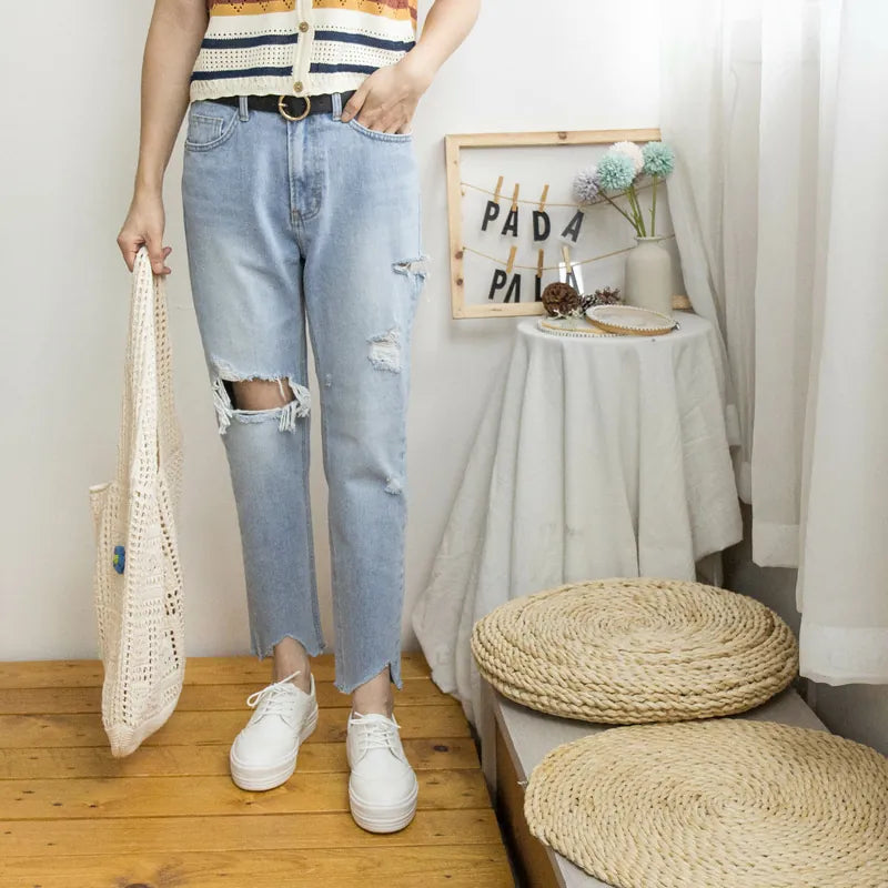 Irregular side ripped denim trousers [KR]