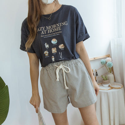 Drawstring elastic waist straight denim shorts