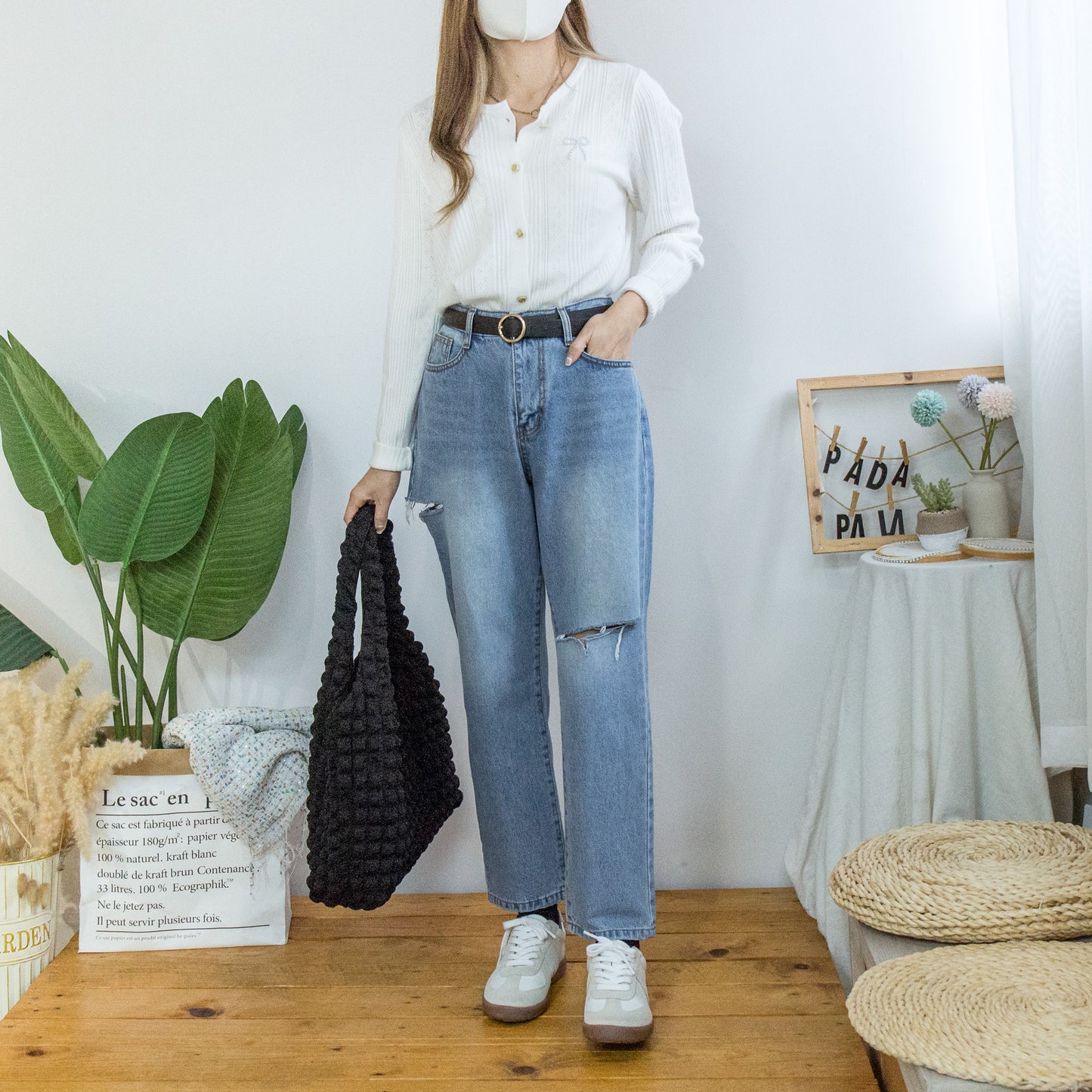 Side ripped washed denim pedicure pants [KR]