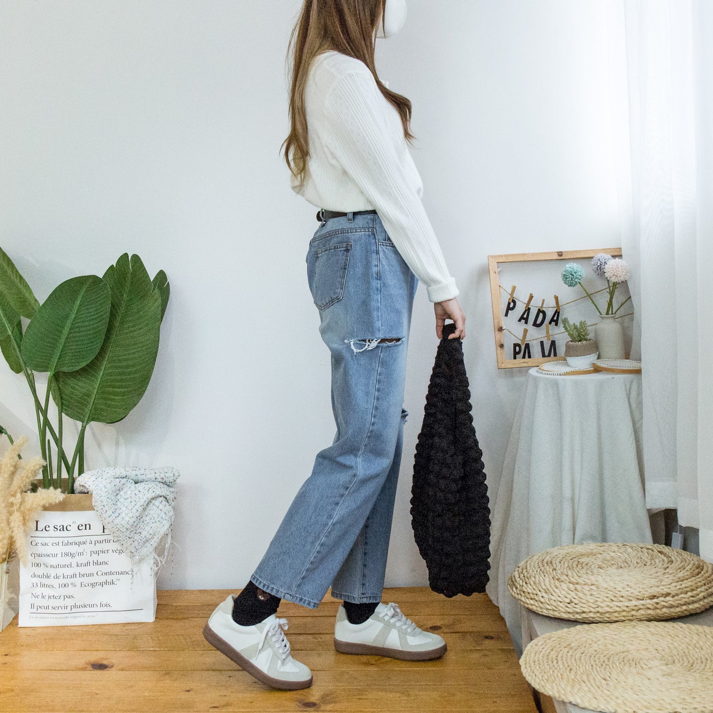 Side ripped washed denim pedicure pants [KR]