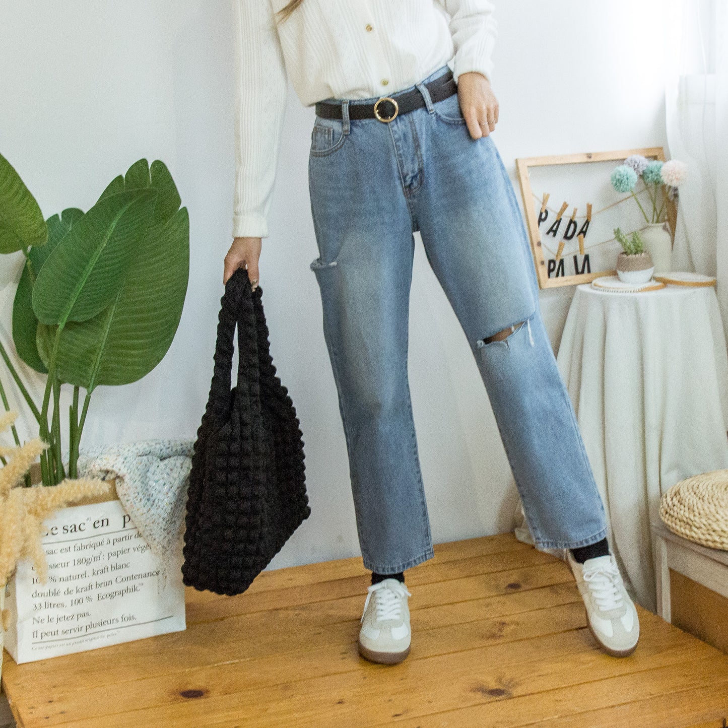 Side ripped washed denim pedicure pants [KR]