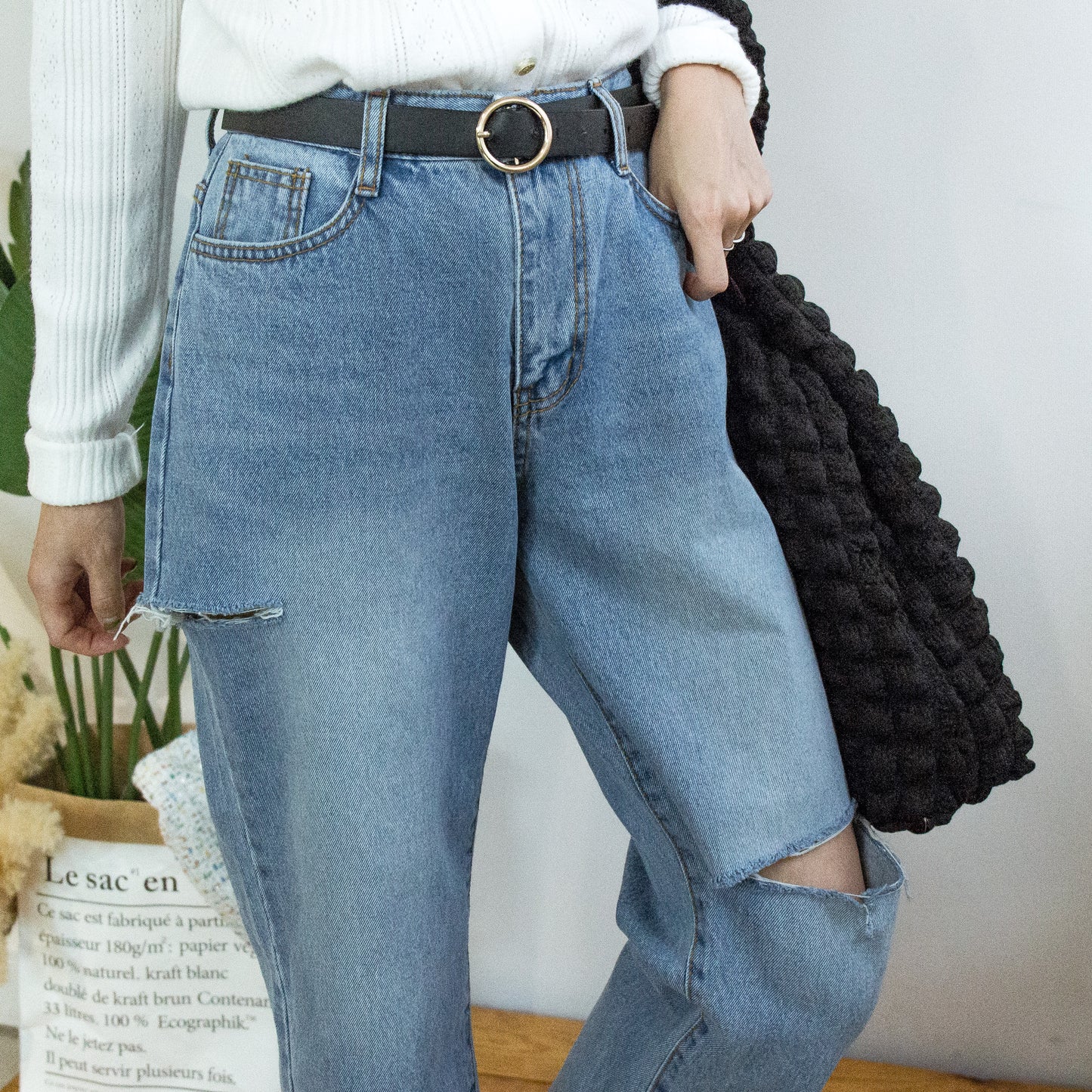 Side ripped washed denim pedicure pants [KR]