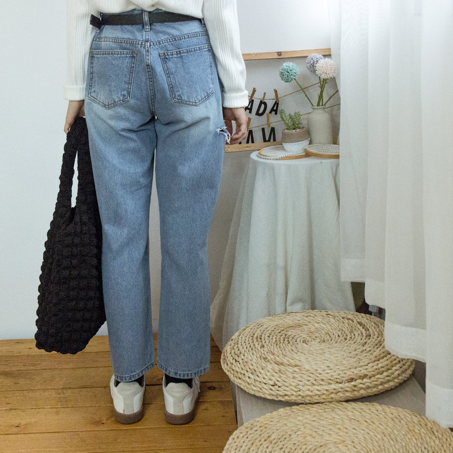 Side ripped washed denim pedicure pants [KR]