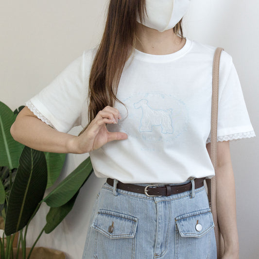 刺繡狗狗蕾絲袖邊TEE