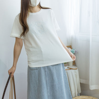 刺繡狗狗蕾絲袖邊TEE
