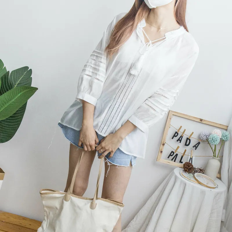 Loose drawstring collar hollow puff sleeves top