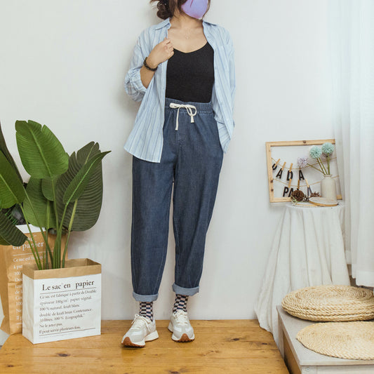 Elastic waist drawstring denim harem pants