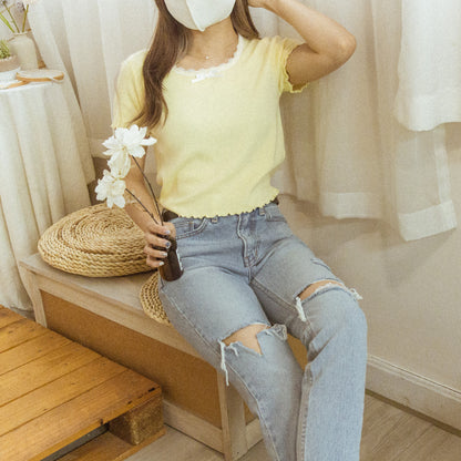 Round neck lace bow top (four colors)