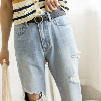 Irregular side ripped denim trousers [KR]