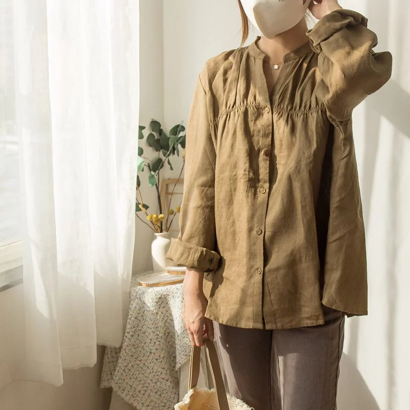 Small V-neck loose linen shirt (two colors)