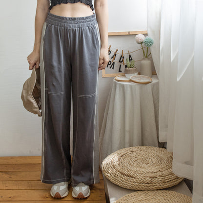 Elastic waist topstitched side patch pleated trousers (two colors)