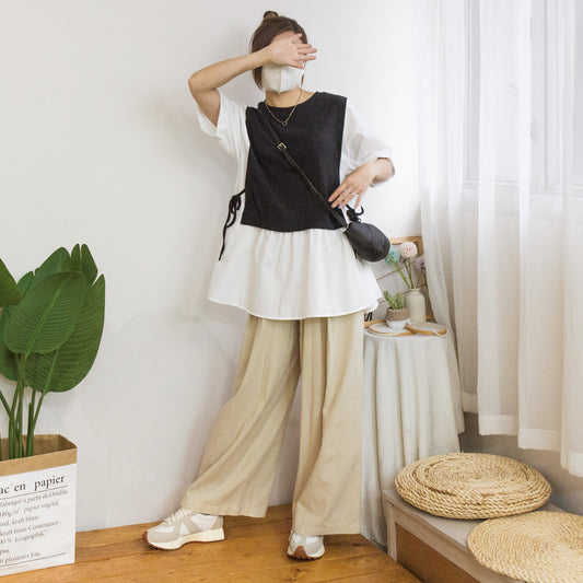 Japanese version. Loose fake two-piece side-tie top (two colors)