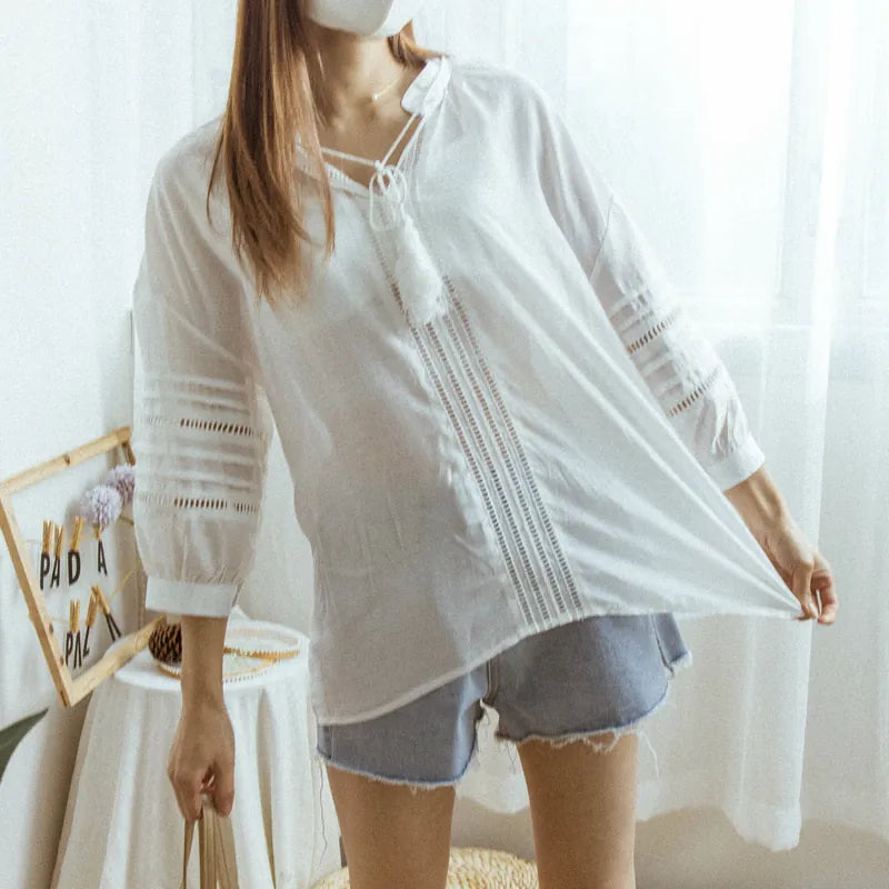 Loose drawstring collar hollow puff sleeves top