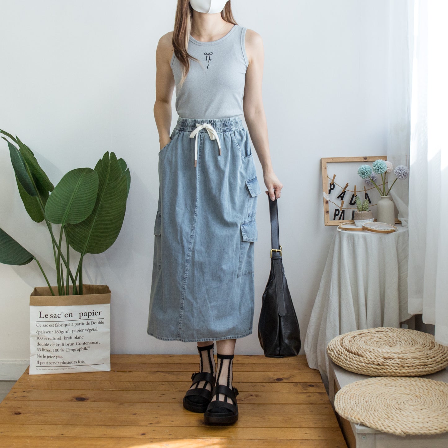 Elastic waist workwear denim skirt (two colors)