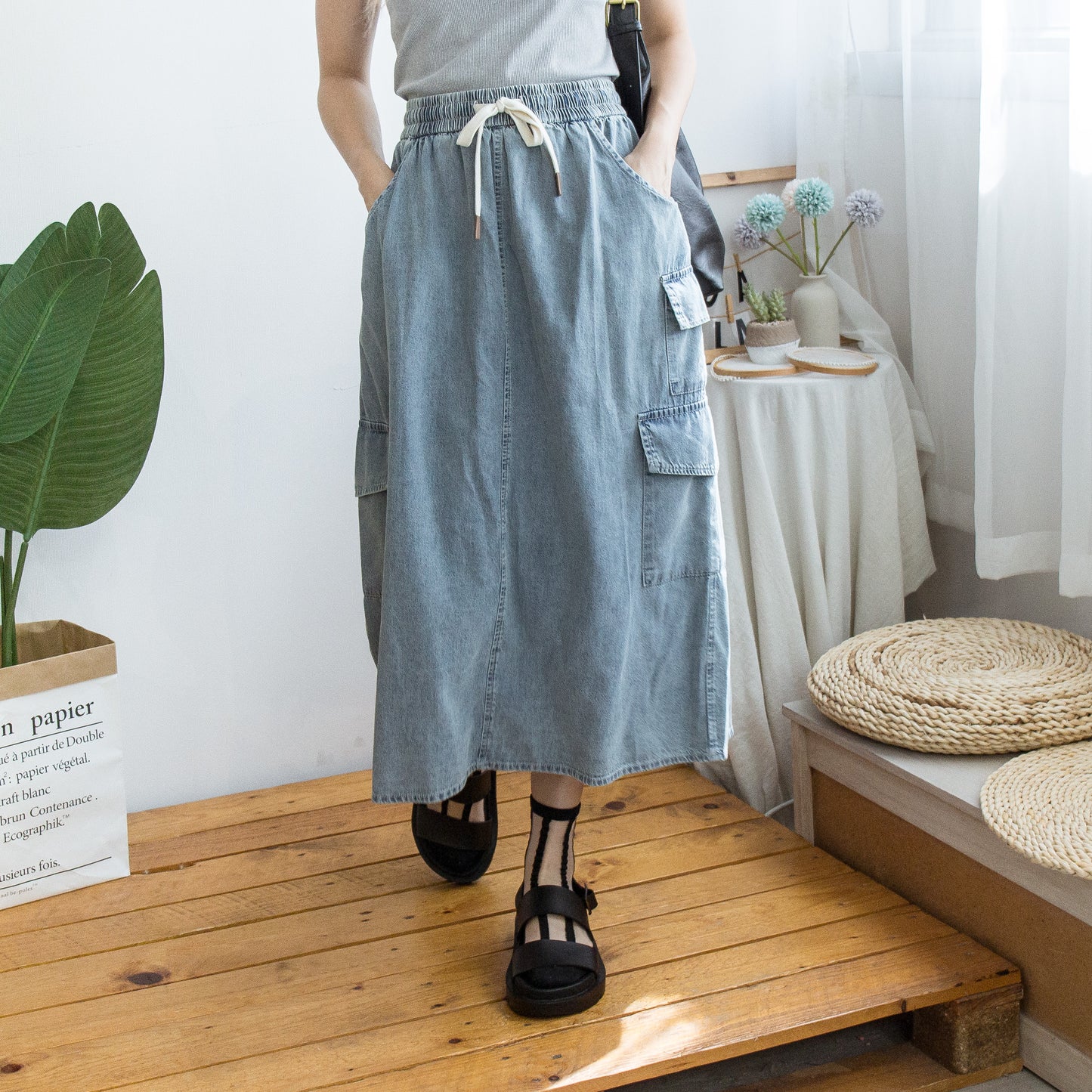 Elastic waist workwear denim skirt (two colors)