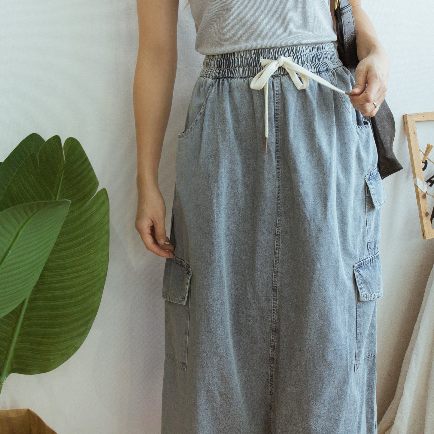 Elastic waist workwear denim skirt (two colors)